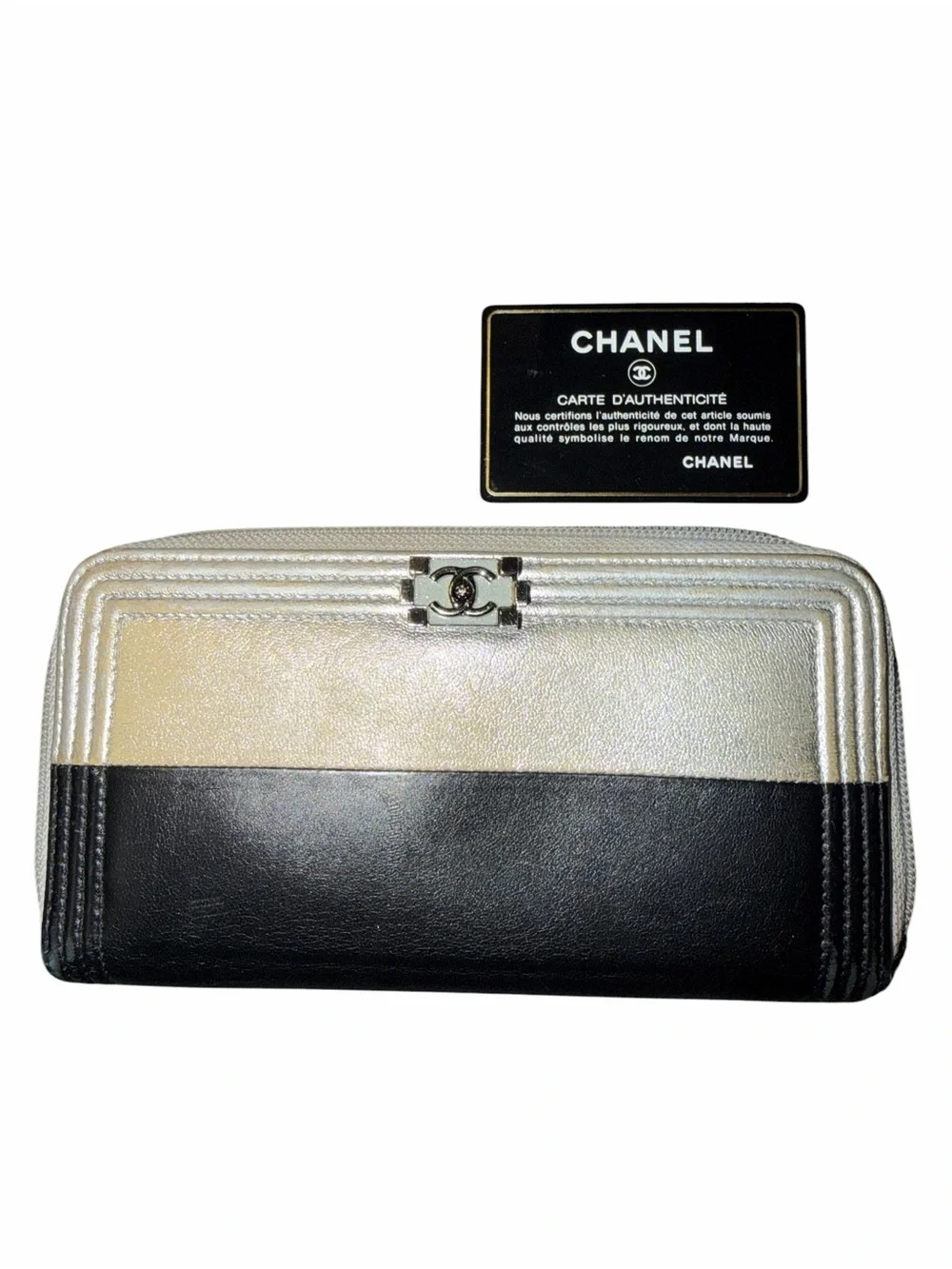 CHANEL Black/Silver Leather Compact Boy Wallet